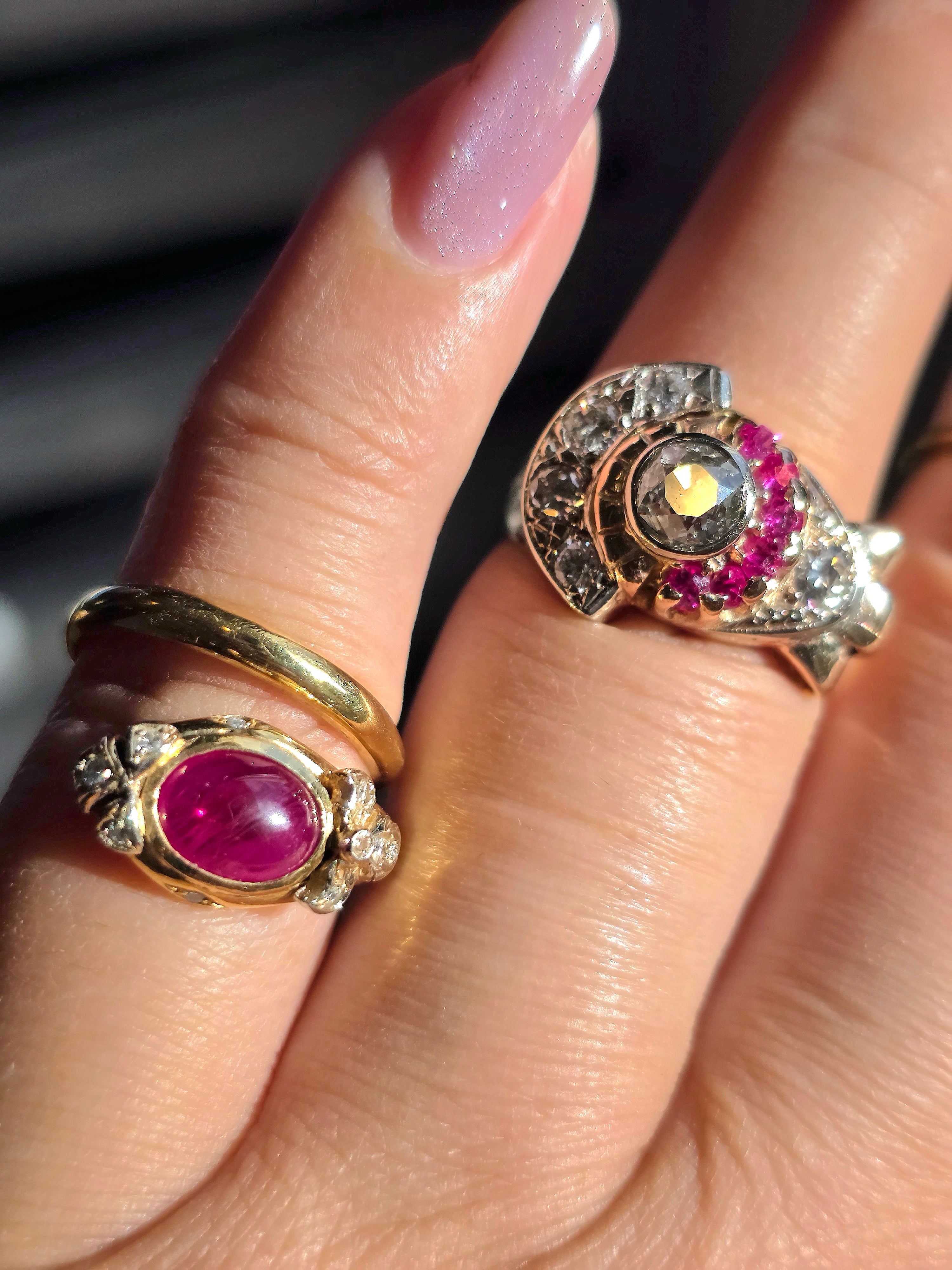 14k Yellow Gold Old Cut Diamond Ruby Tank Ring | Indulgems | Vintage