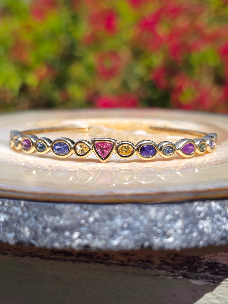 14k Yellow Gold Chubby Donut Bezel Fancy Sapphire Cuff Bangle | Indulgems