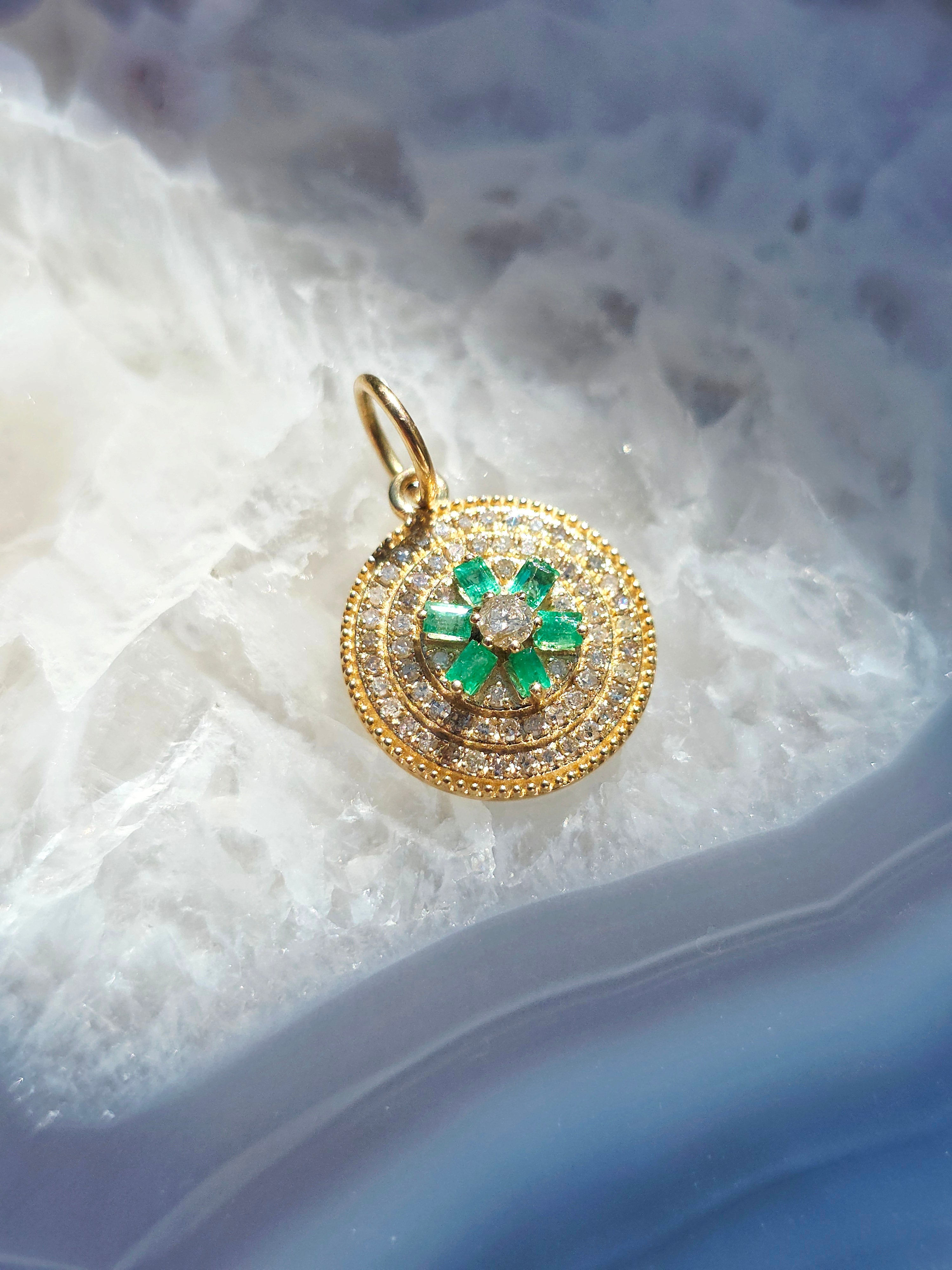 14k Yellow Gold Emerald & Diamond Round Disc Charm | Indulgems