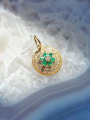 14k Yellow Gold Emerald & Diamond Round Disc Charm | Indulgems