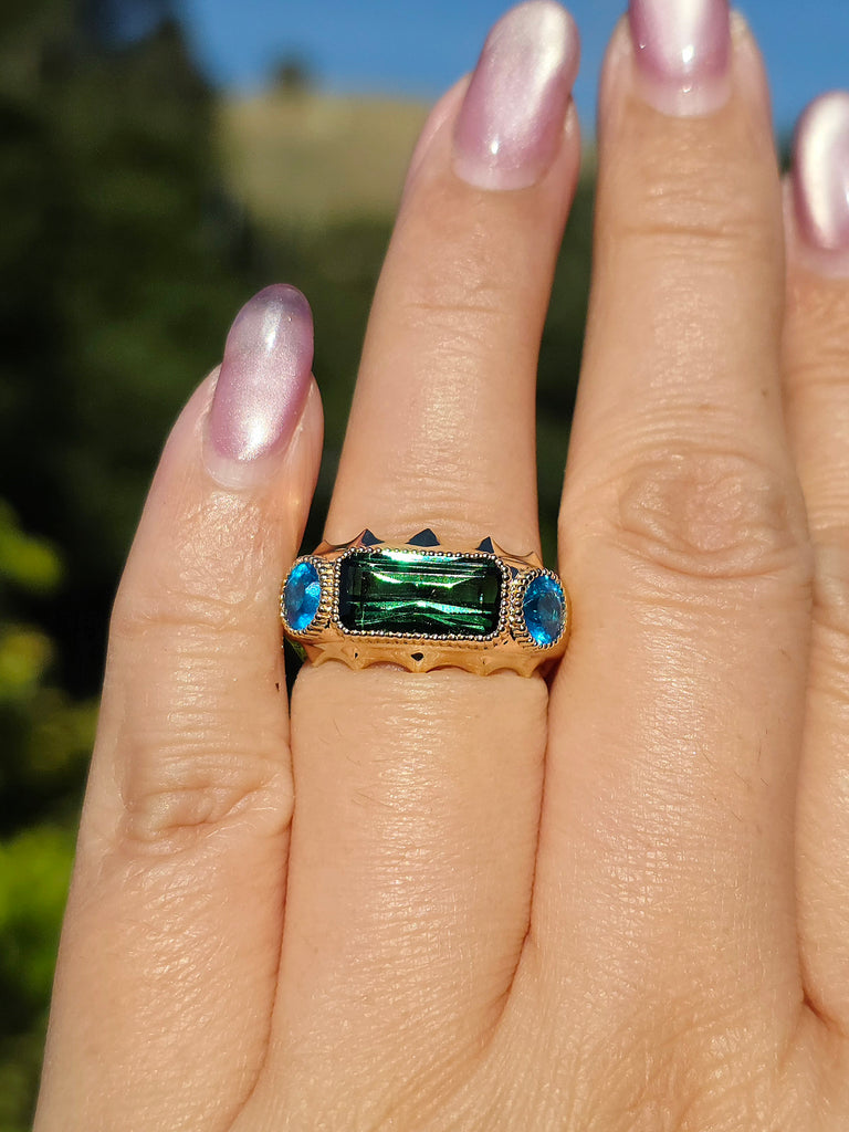 14k Yellow Gold Green Tourmaline & Neon Apatite Gemstone Band Ring Size 8 | Indulgems | Aurora