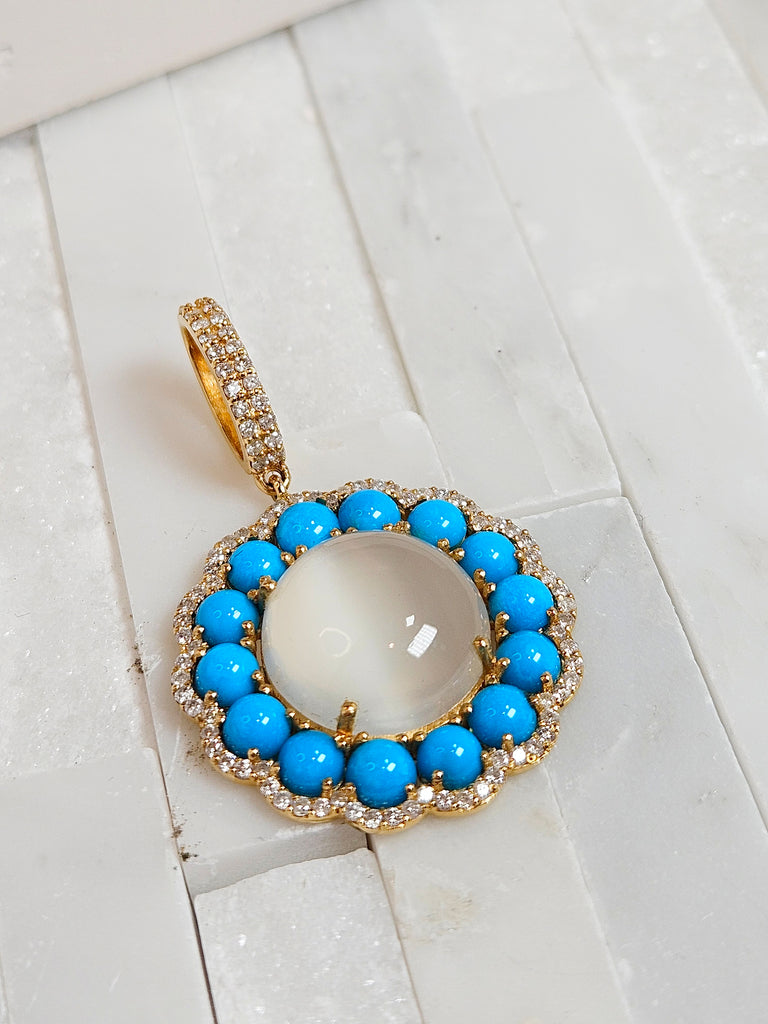 White Moonstone, Sleeping Beauty Turquoise Natural Gemstone Diamond 18K Yellow Gold Pendant