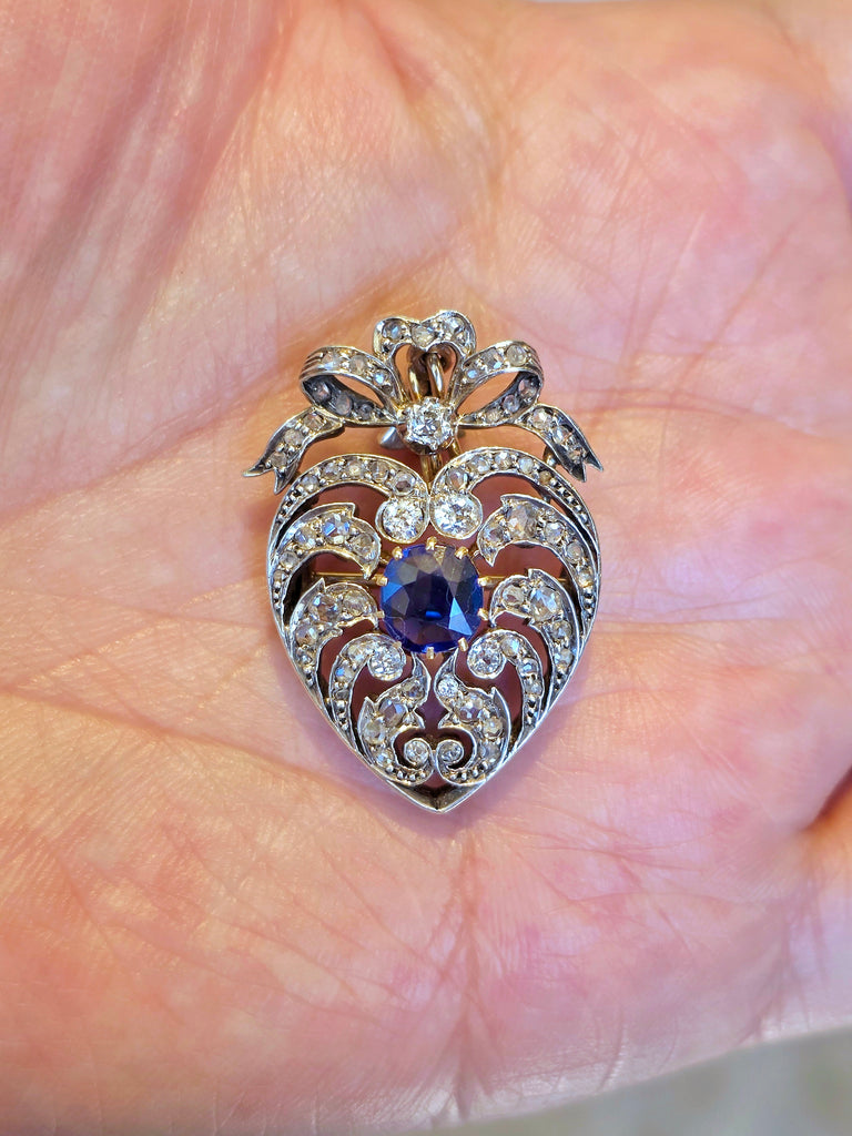 14k Yellow Gold & Silver Rose-cut Diamond Blue Sapphire Heart Brooch Pendant | Indulgems | Antique