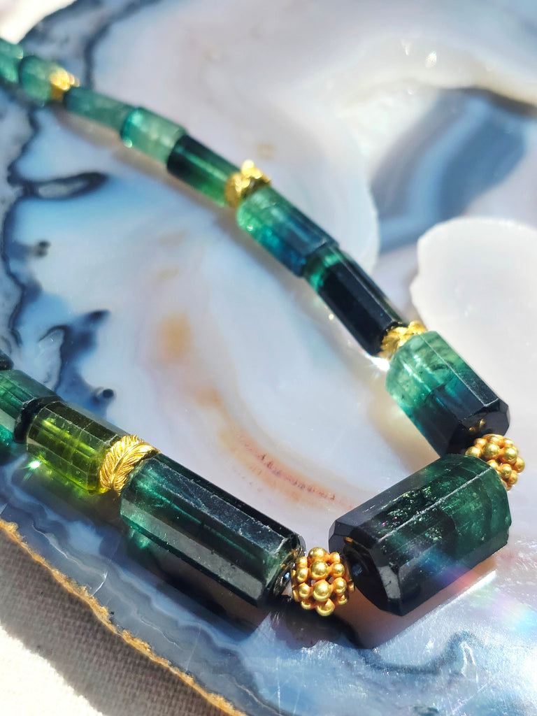 2IN1 - 18K Solid Two-Tone Gold Antique Watch Chain & Natural Green Tourmaline Faceted Barrel Gemstone Necklace