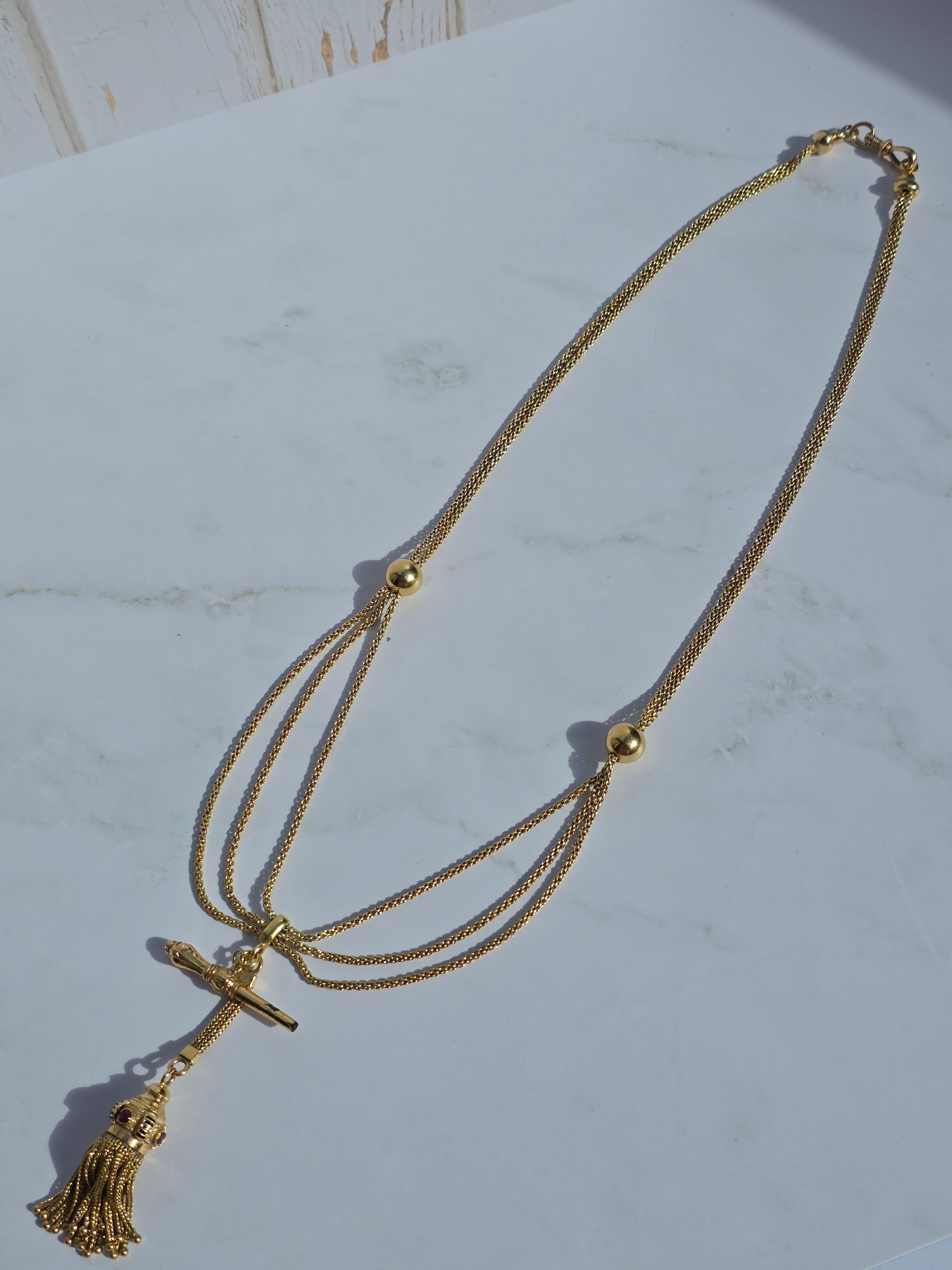 18k Solid Gold French Antique Winding Key Tassel Necklace 18" | Indulgems