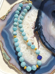 18k Solid Gold XL Chunky Milky Aquamarine & Handcarved Lapis Gemstone Bead Necklace 20" | Indulgems | Designs in Real Gold
