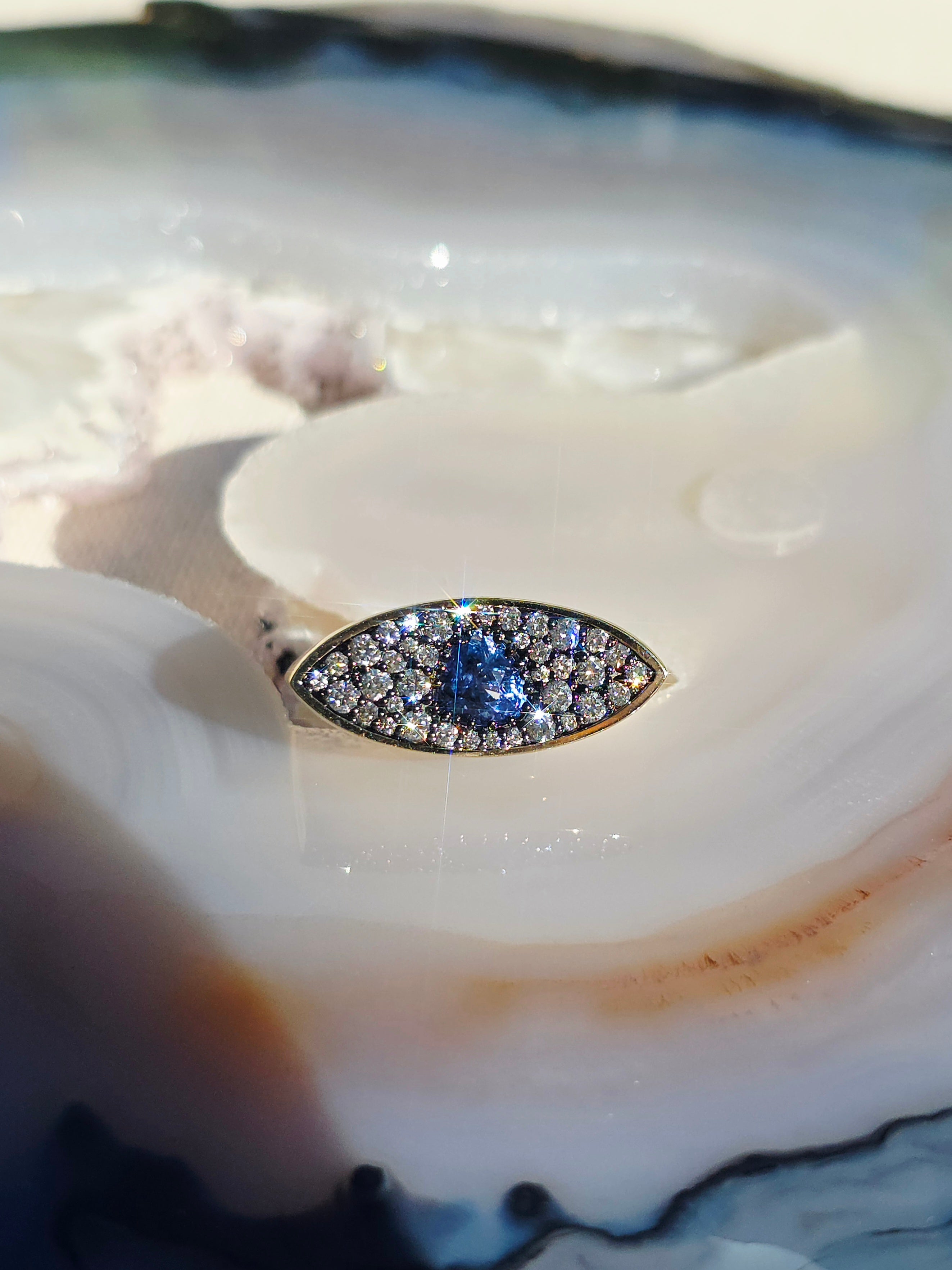14k Yellow Gold & Platinum Cornflower Blue Sapphire and Lab-Grown Diamond Ring sz 7 | Indulgems | Luna Collection