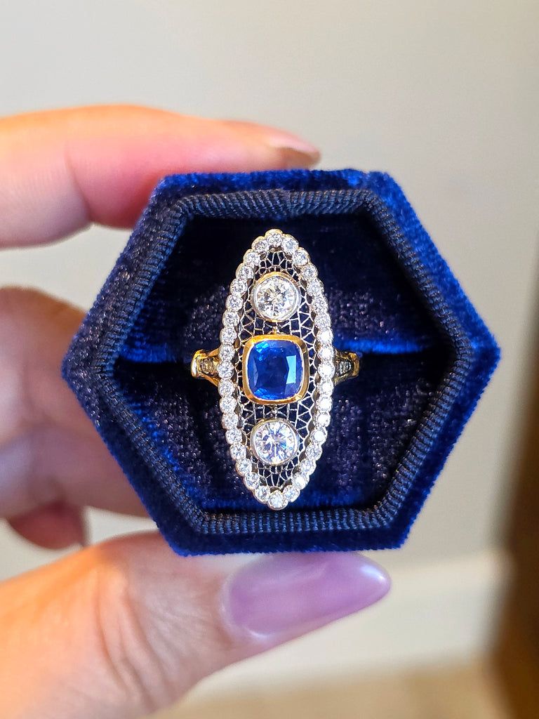 18k Yellow Gold & Platinum Cornflower Blue Sapphire Diamond Navette Ring Size 8 | Indulgems | Antique Vintage