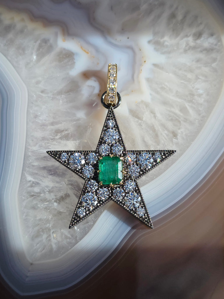 14k Yellow Gold & Platinum XL Star Pendant with Zambian Emerald | Indulgems