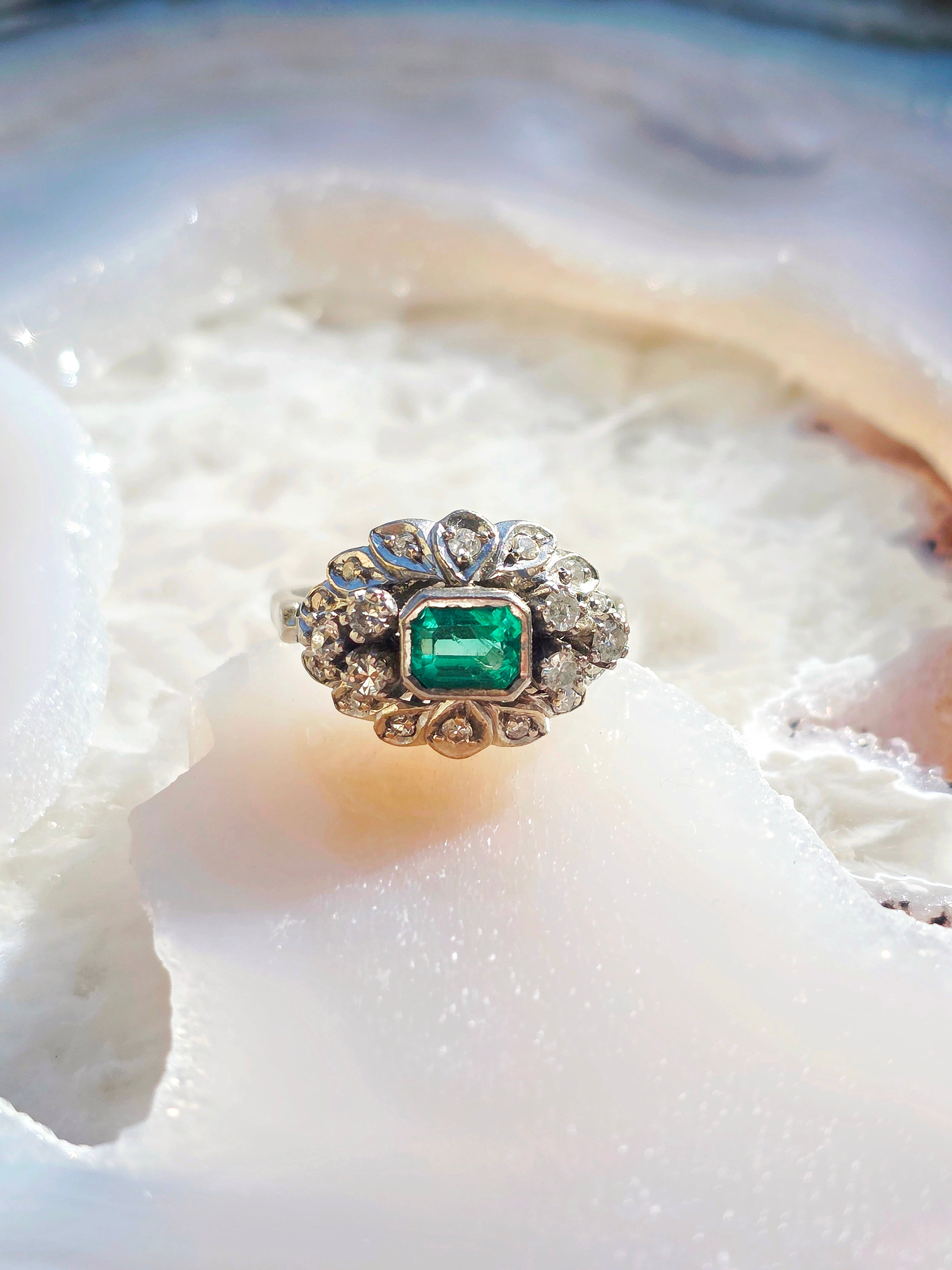 14k White Gold Emerald & Diamond Ring sz 8.5 | Indulgems