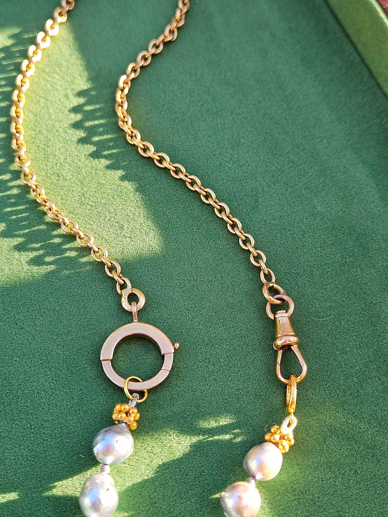 2IN1 Design- 18K Solid Gold Antique Watch Chain & Tahitian Pearl Bracelet with Coin Charm Necklace | Indulgems | Designs in Real Gold