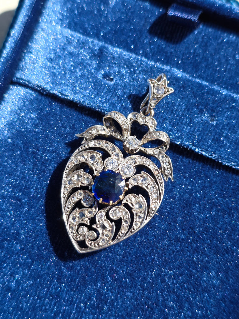 14k Yellow Gold & Silver Rose-cut Diamond Blue Sapphire Heart Brooch Pendant | Indulgems | Antique