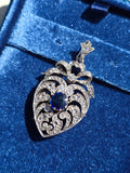 14k Yellow Gold & Silver Rose-cut Diamond Blue Sapphire Heart Brooch Pendant | Indulgems | Antique