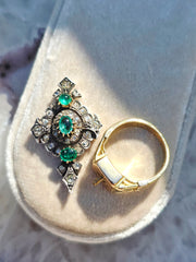 18k Yellow Gold & Silver Antique Emerald Old Cut Diamond Transformation Ring size 7 | Indulgems
