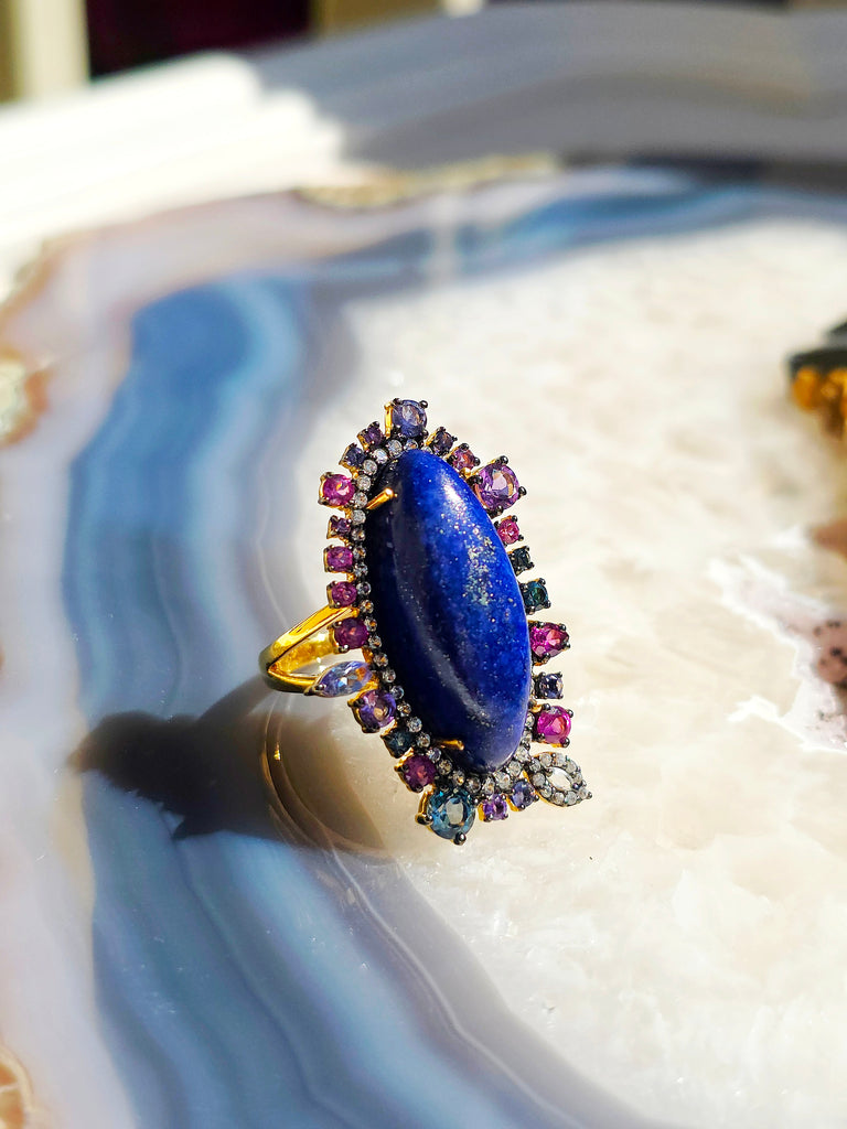 Vermeil in Sterling Silver & 18k Gold Lapis Lazuli, Blue Topaz, Tanzanite, Rhodolite Garnet & Diamond Statement Cocktail Ring size 8