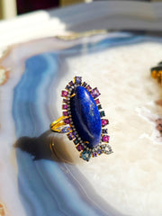Vermeil in Sterling Silver & 18k Gold Lapis Lazuli, Blue Topaz, Tanzanite, Rhodolite Garnet & Diamond Statement Cocktail Ring size 8