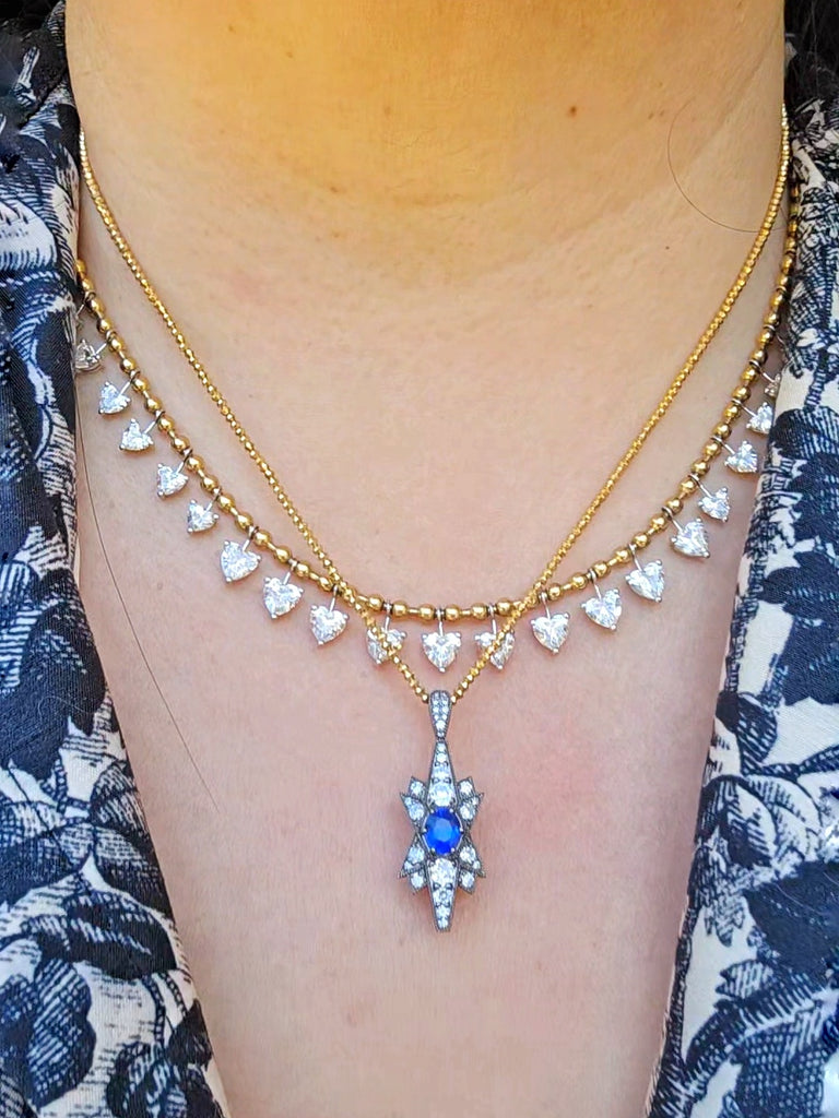 14k Yellow Gold & Platinum Cornflower Blue Sapphire Diamond Star Transformation Ring Pendant | Indulgems