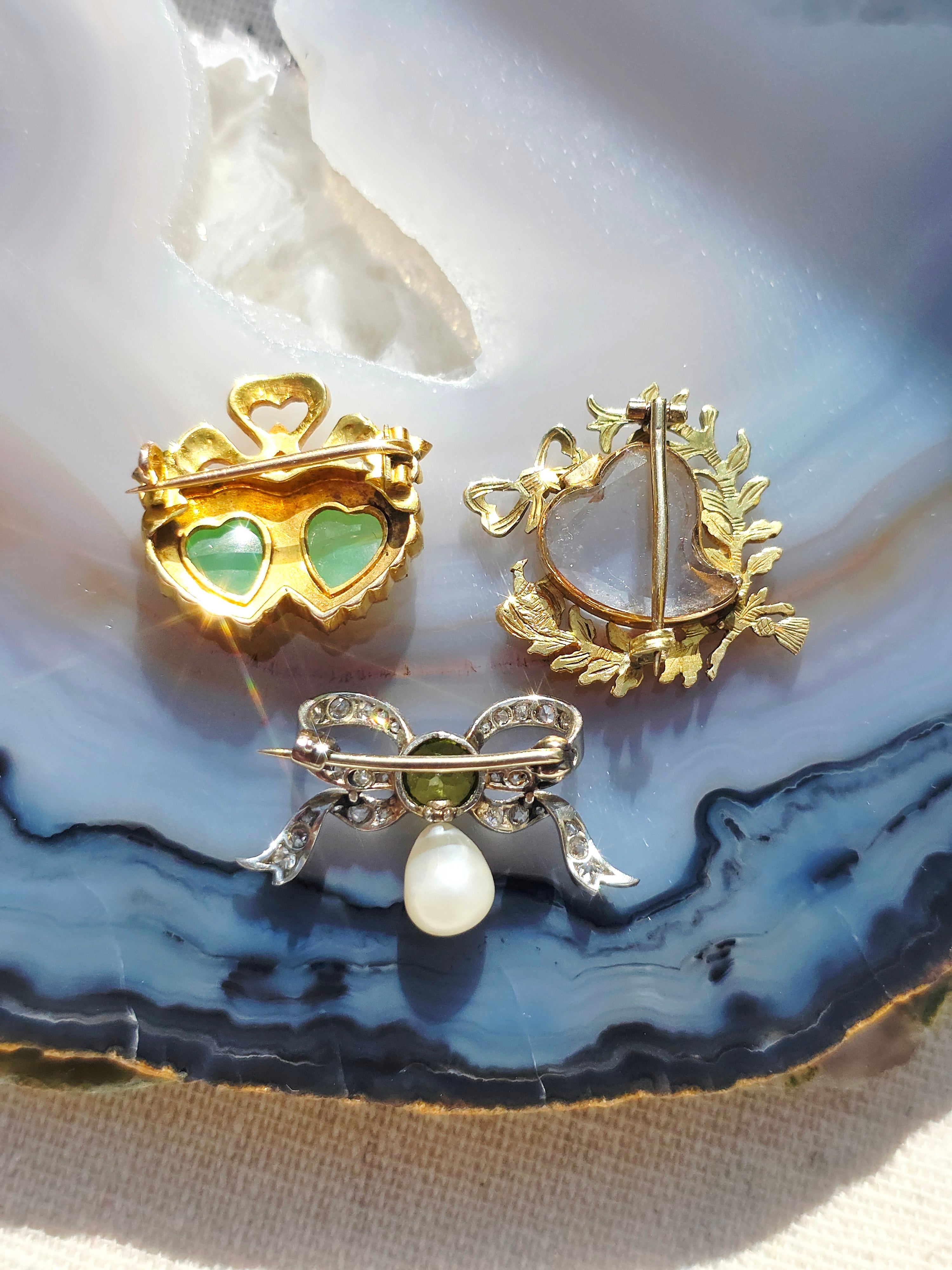 18k Yellow Gold Antique Rock Crystal Locket Brooch with Enameled Leaf Branches, Ribbon Bow & White Dove | Indulgems