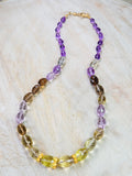 Multicolor Amethyst, Lemon Quartz, Cognac Quartz Large Gemstone Bead Necklace with 18K Yellow Gold Antique Inspired Fist Hand Clasp