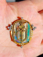 18k Yellow Gold Boulder Opal & Diamond Brooch Pendant with Scarab Beetle Motif | Indulgems