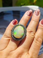 Black Rhodium Sterling Silver & 18k Gold Large Opal & Diamond Donut Halo Statement Ring sz 8 | Indulgems