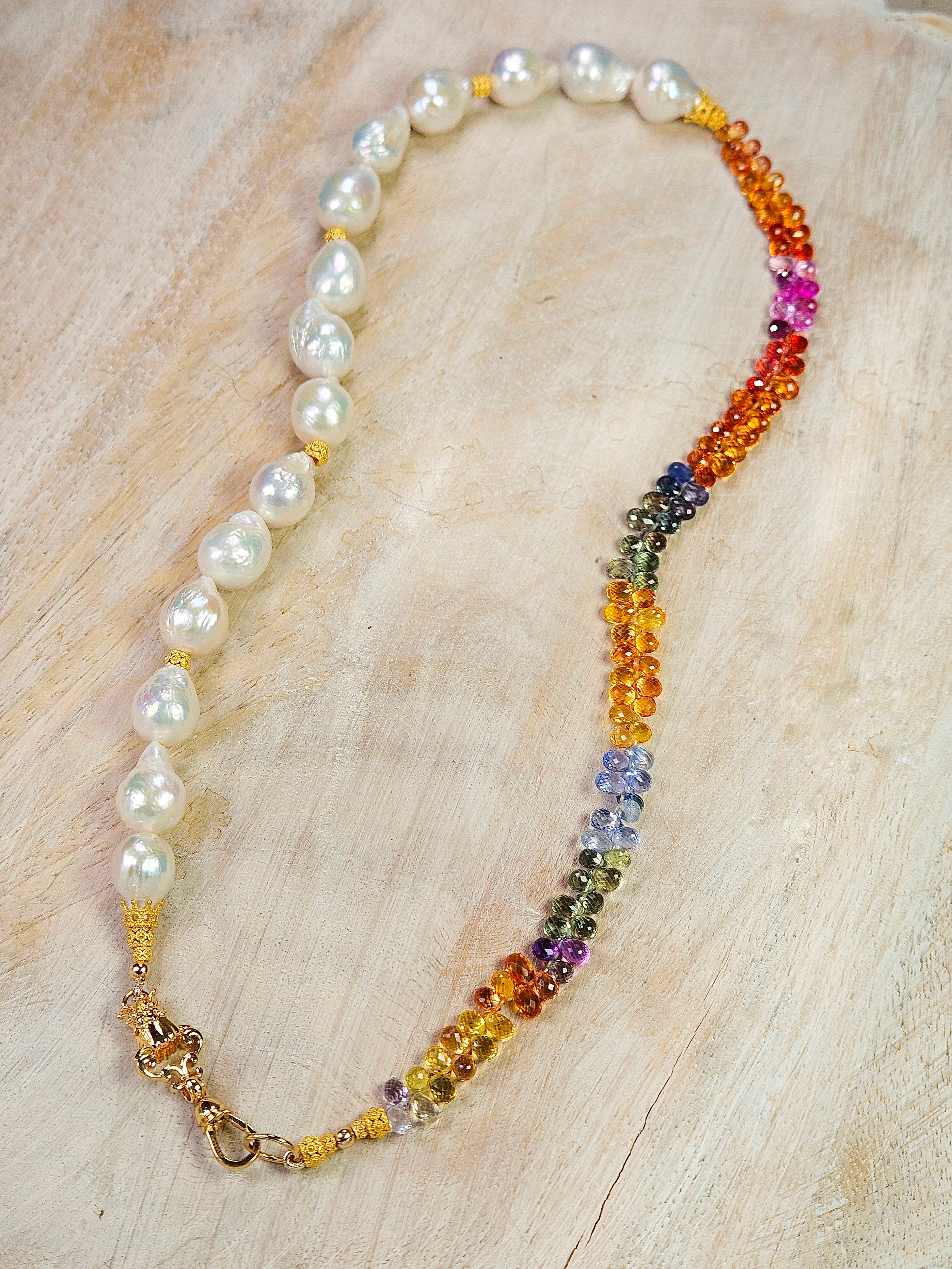 18k Yellow Gold Multicolor Fancy Sapphire Freshwater Baroque Pearl Gemstone Halfsie Necklace 19"