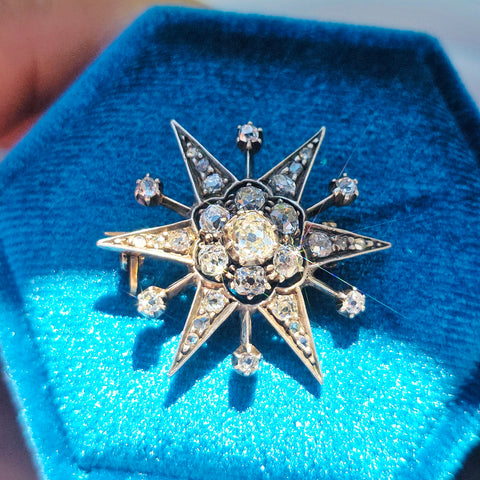 14K Yellow Gold & Silver - Antique Diamond Star Brooch | Indulgems | Designs in Real Gold