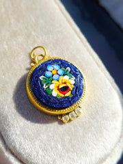 24K Gold Micro Mosaic Pendant with Diamond & Sterling Silver - Blue Flower