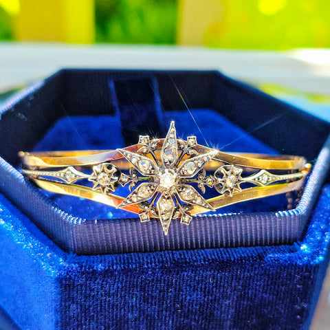18K Rose Gold & Silver Antique Rose Cut Diamond Star Motif Bangle Bracelet | Indulgems | Designs in Real Gold
