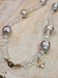 14K Yellow Gold Rainbow Moonstone Freshwater Mermaid Baroque Pearl Diamond Bee Charm Necklace 24"