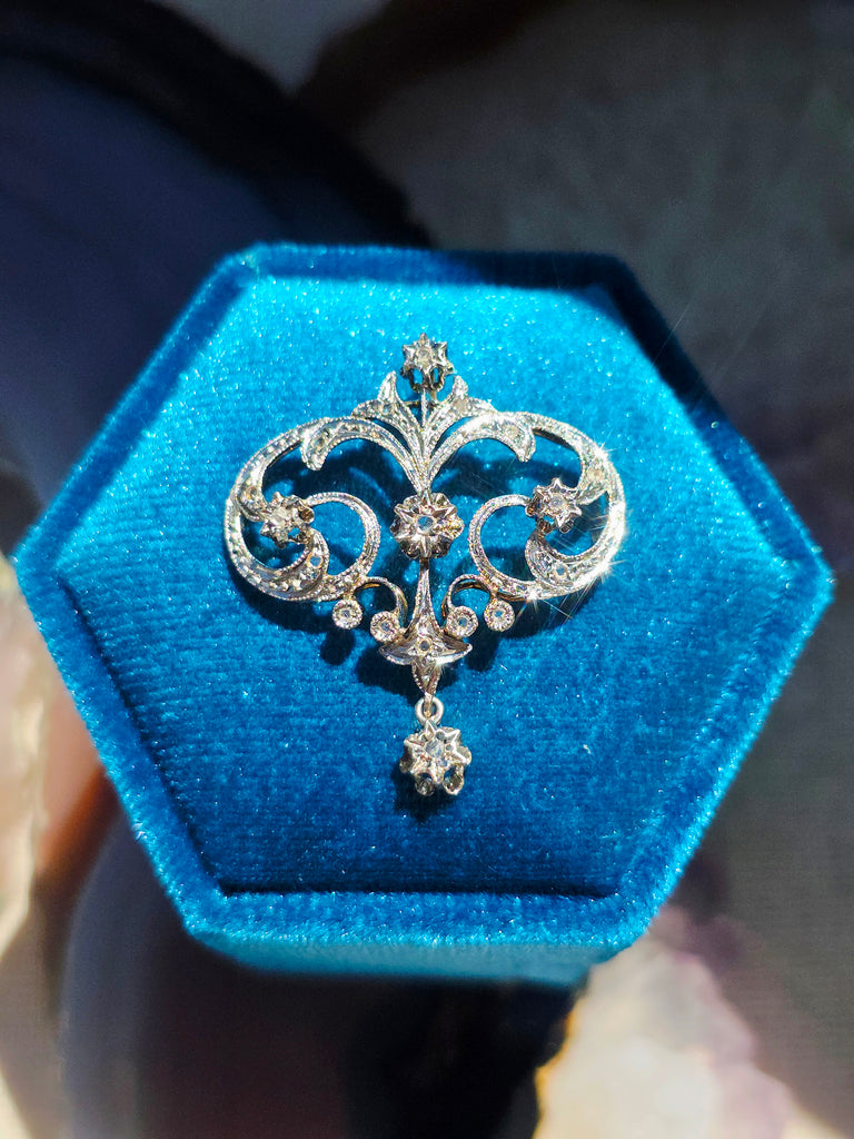14k Gold Celestial Scrolling Motif Diamond Pendant | Indulgems | Antique Revival