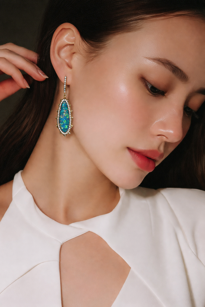 14k Yellow Gold Australian Opal Aurora Halo Earrings | Indulgems