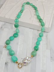 Natural Chrysoprase & Freshwater Baroque Pearl Diamond Star Gemstone Necklace 19"