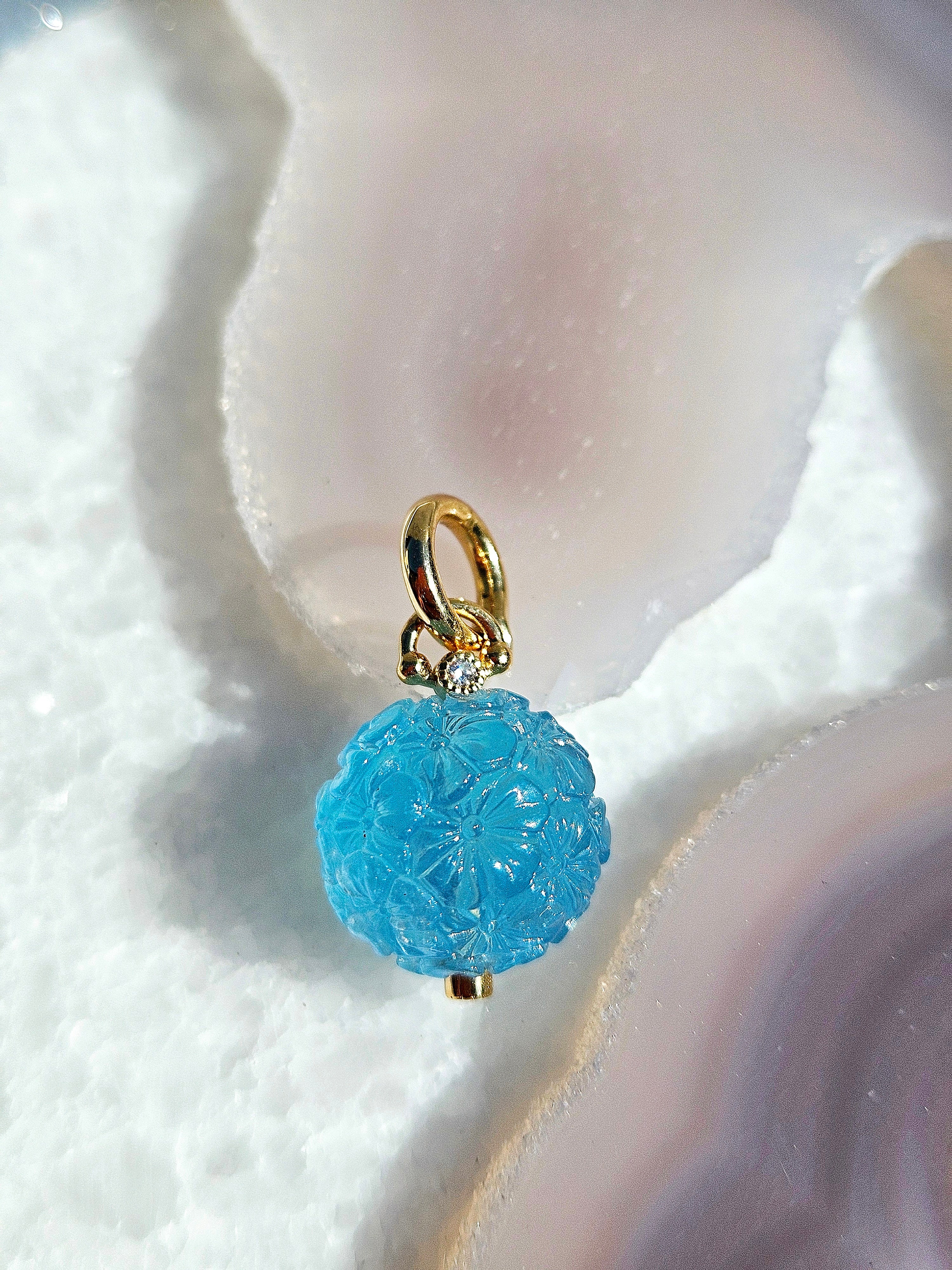 18k Yellow Gold Handcarved Aquamarine Flower Pompom Charm Pendant | Indulgems | Designs in Real Gold