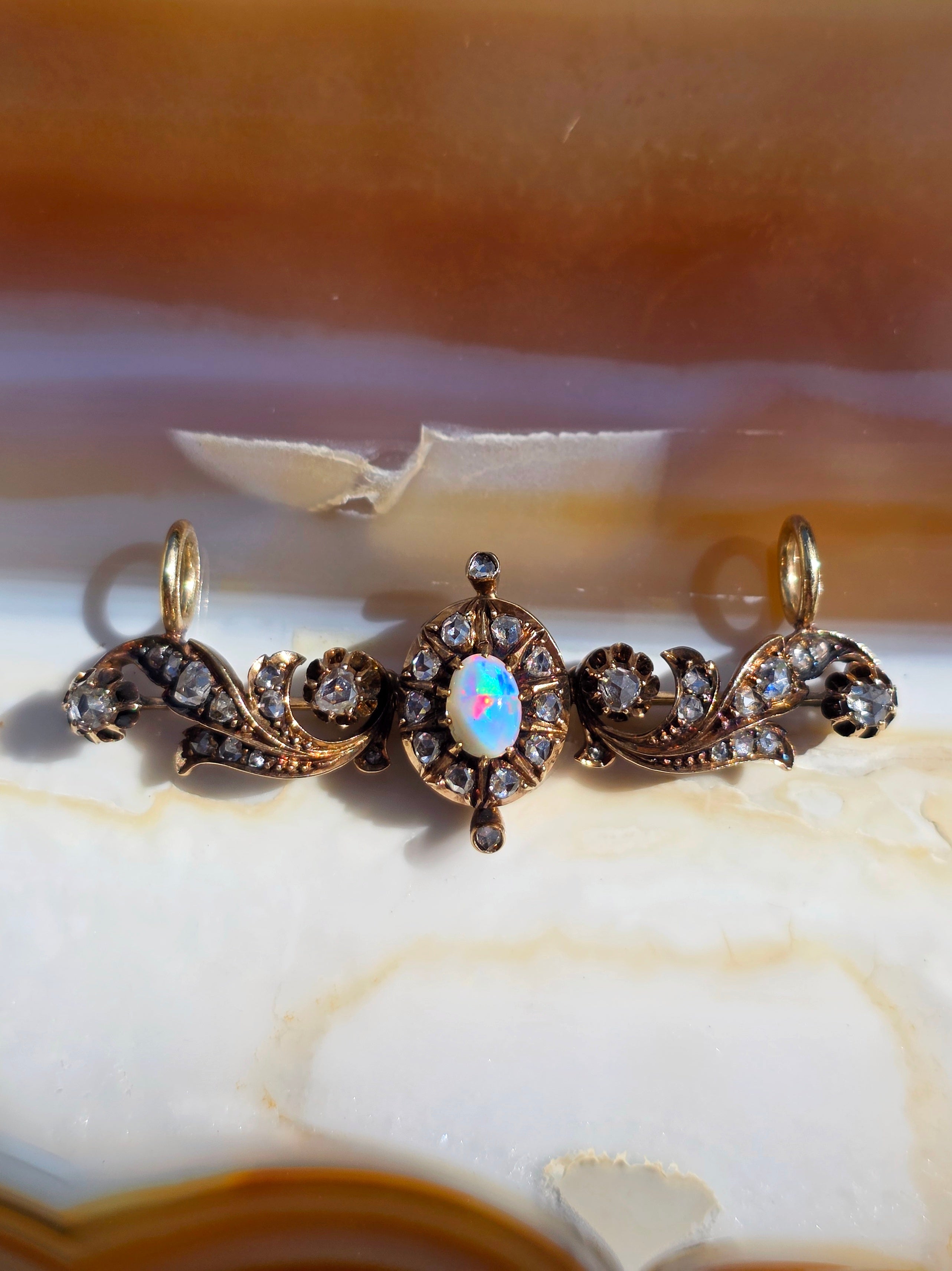 14k Rose Gold Opal & Rose-Cut Diamond Brooch Conversion Pendant | Indulgems | Antique