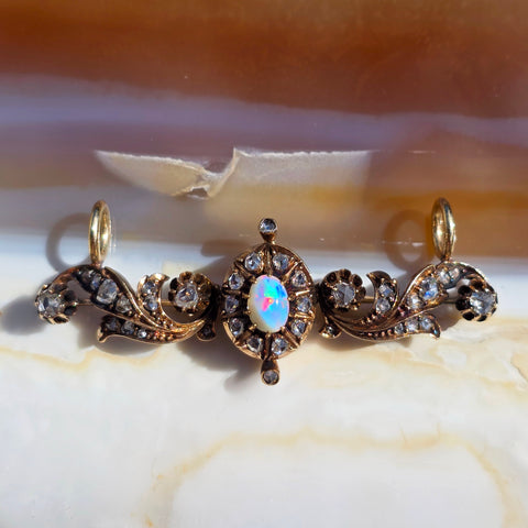 14k Rose Gold Opal & Rose-Cut Diamond Brooch Conversion Pendant | Indulgems | Antique