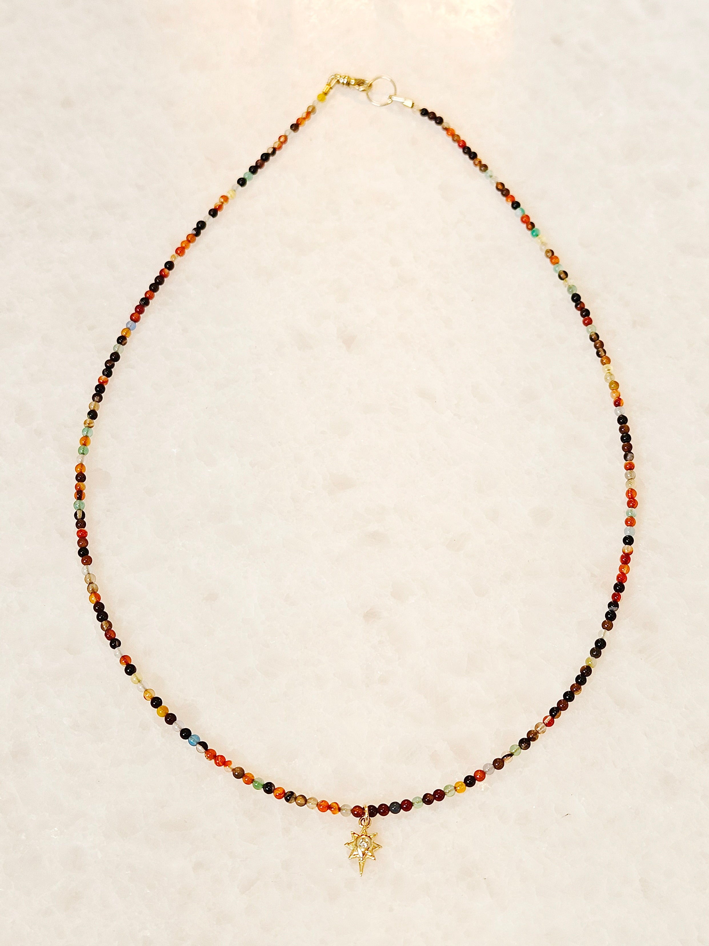 14K Yellow Gold Multicolor Natural Agate Micro Gemstone Bead Necklace with Diamond Star Charm 17"