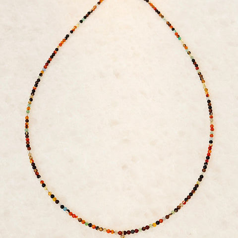 14K Yellow Gold Multicolor Natural Agate Micro Gemstone Bead Necklace with Diamond Star Charm 17"