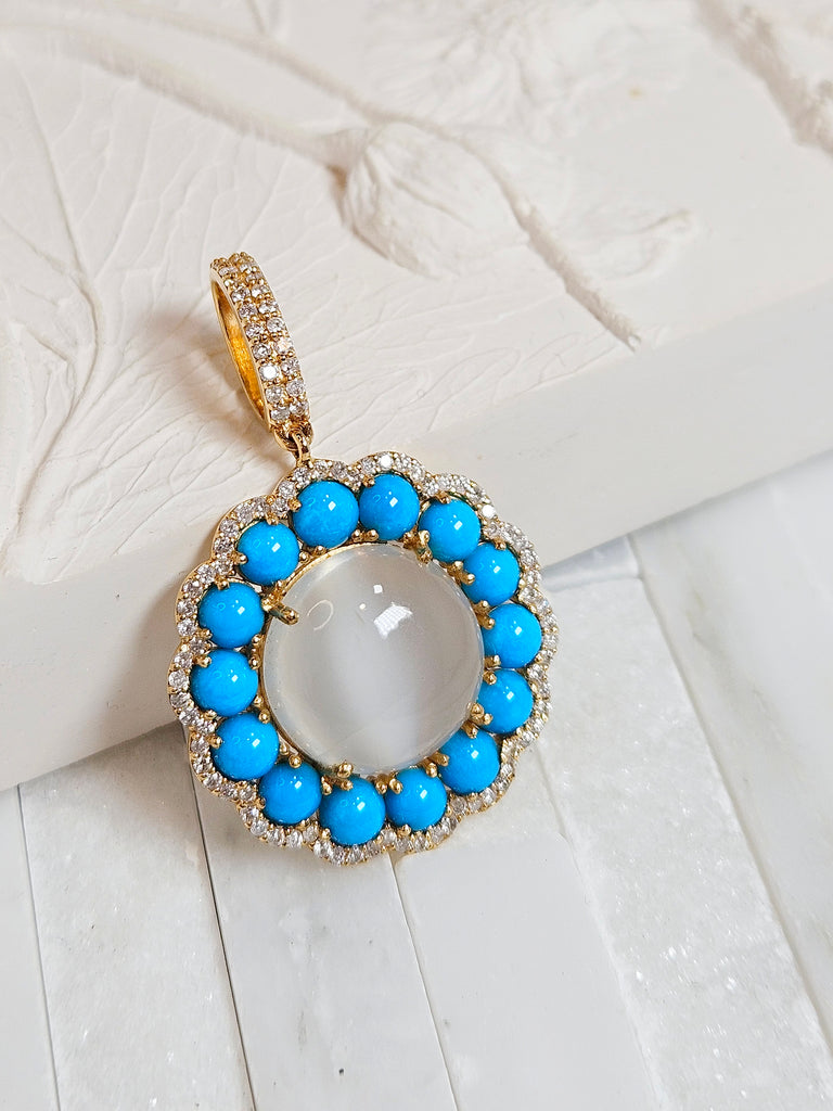 White Moonstone, Sleeping Beauty Turquoise Natural Gemstone Diamond 18K Yellow Gold Pendant