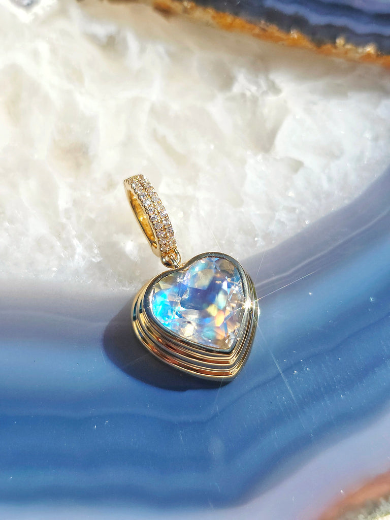 18k Solid Gold Madagascar Rainbow Moonstone Heart Pendant | Indulgems