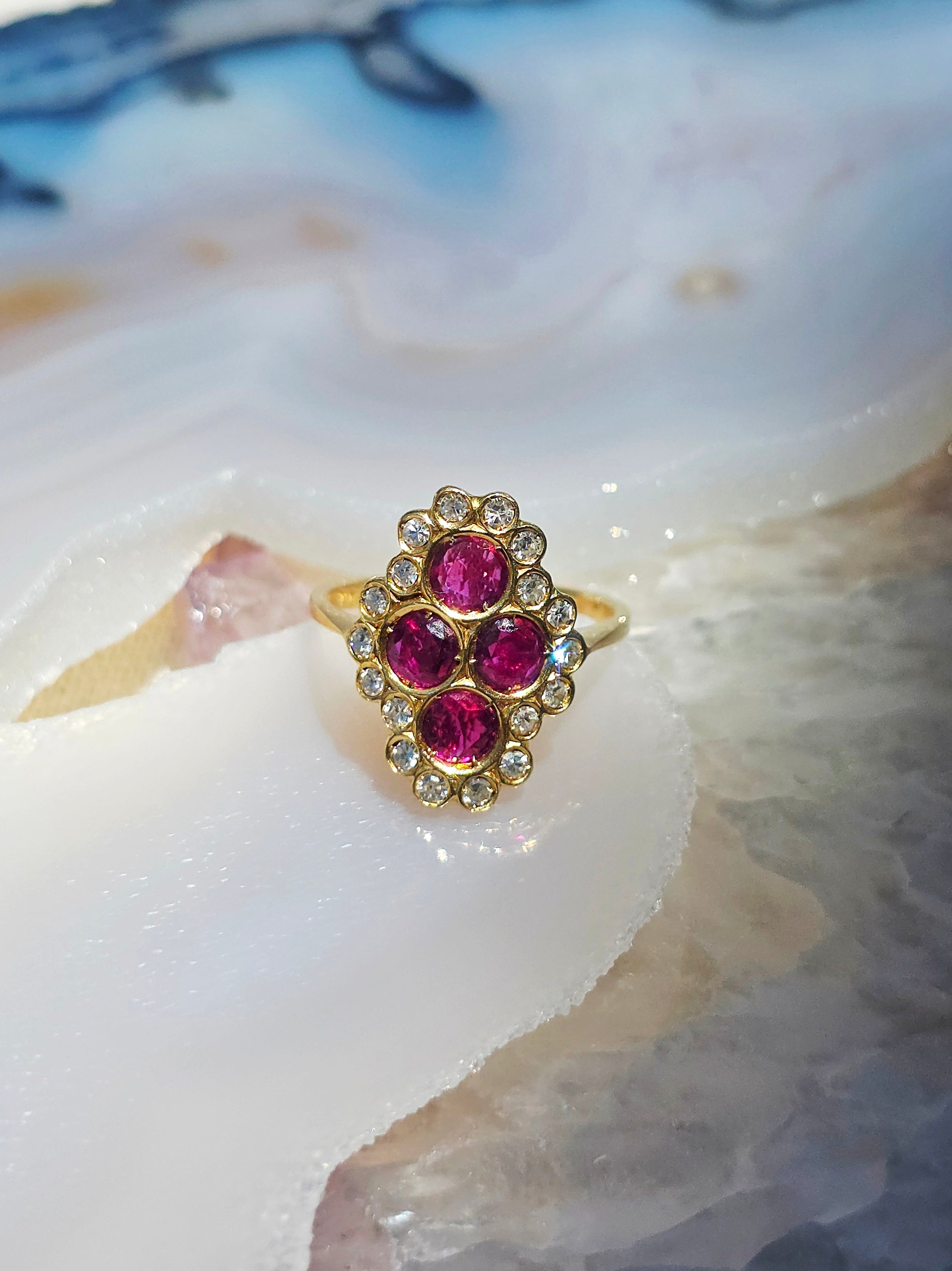 18k Solid Gold Ruby & Diamond Clover 4 Stone Ring sz 7.5 | Indulgems