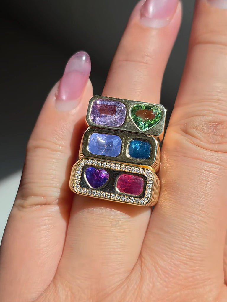 14k Yellow Gold Winza Parti Sapphire Heart & Mahenge Spinel Two Stone Signet Ring Size 10 | Indulgems | Duality