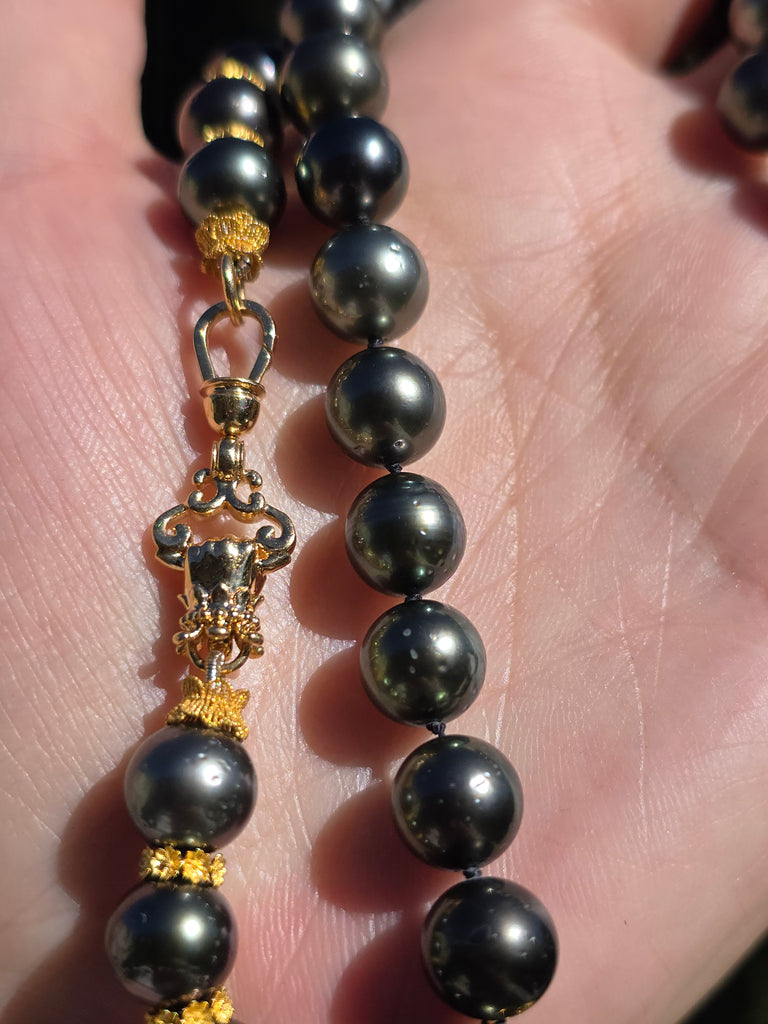 18k Solid Gold Tahitian Pearl Necklace with 3 Charms Oxidized Sterling Silver Coin in 24k Gold