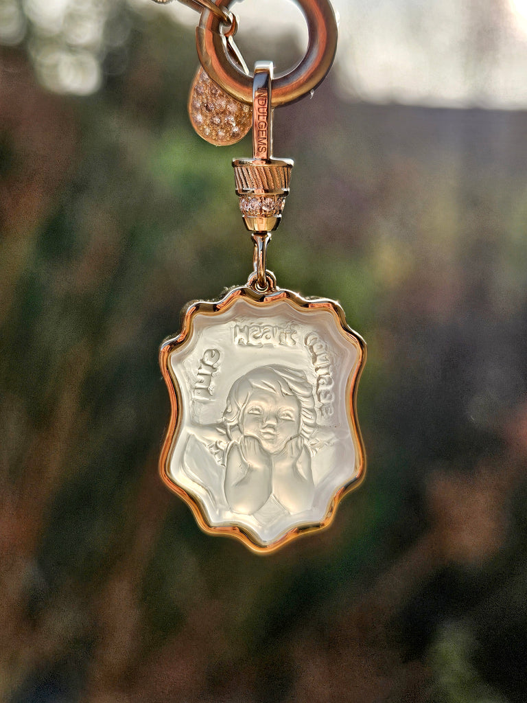 18k Solid Gold Handcarved White Agate Cherub with "PURE HEART COURAGE" Motivational Talisman Positivity Pendant | Indulgems | Designs in Real Gold