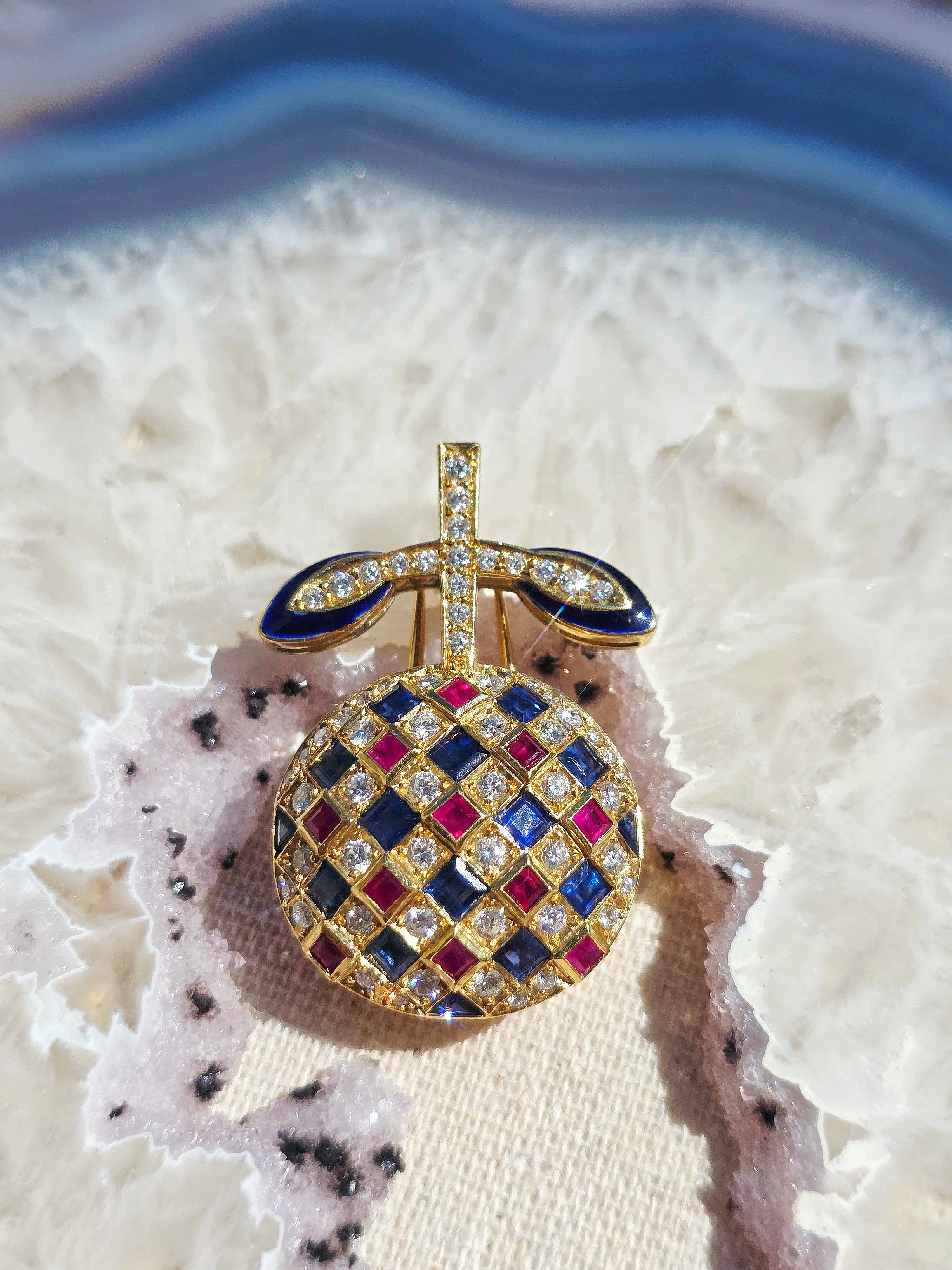 18k Solid Gold Vintage Diamond Ruby Sapphire Fruit Brooch Pendant | Indulgems | Apple Cherry Pomegranate