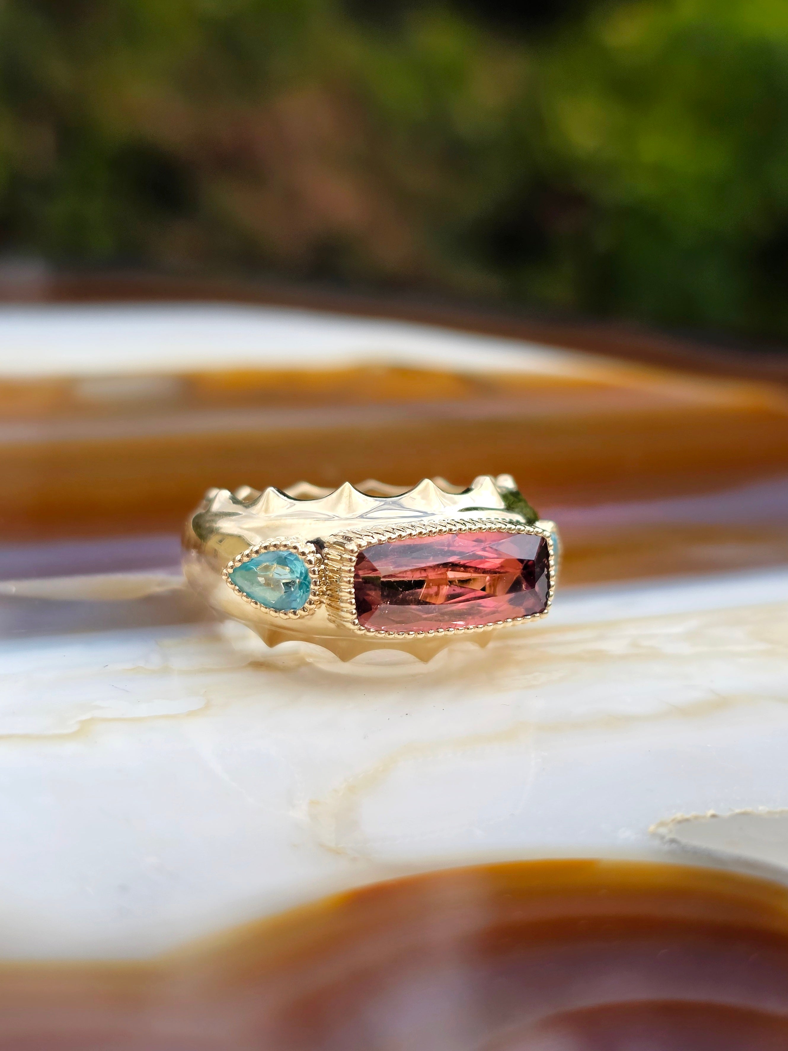 14k Solid Gold Pink Tourmaline & Apatite Gemstone Band Ring Size 8 | Indulgems | Aurora