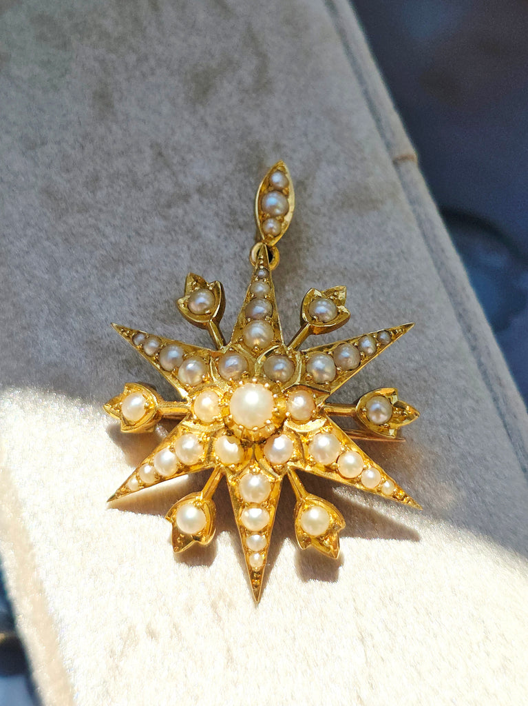 18k Solid Gold Pearl Studded 6 Point Star Pendant Brooch  | Indulgems