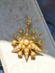 18k Solid Gold Pearl Studded 6 Point Star Pendant Brooch  | Indulgems
