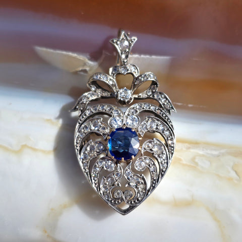 14k Yellow Gold & Silver Rose-cut Diamond Blue Sapphire Heart Brooch Pendant | Indulgems | Antique