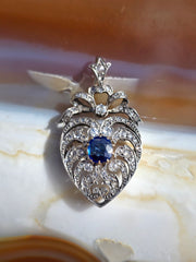 14k Yellow Gold & Silver Rose-cut Diamond Blue Sapphire Heart Brooch Pendant | Indulgems | Antique